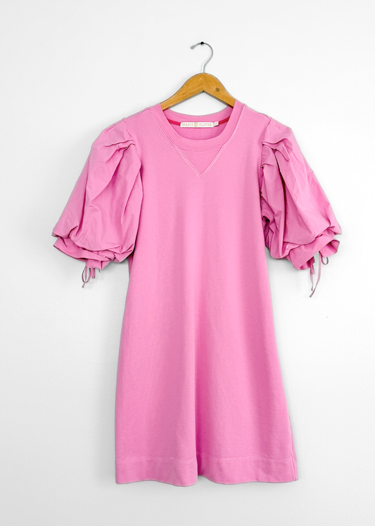 Marie Oliver Petal Pink Shane Dress French Terry Cotton Poplin Puff Sleeve (L)