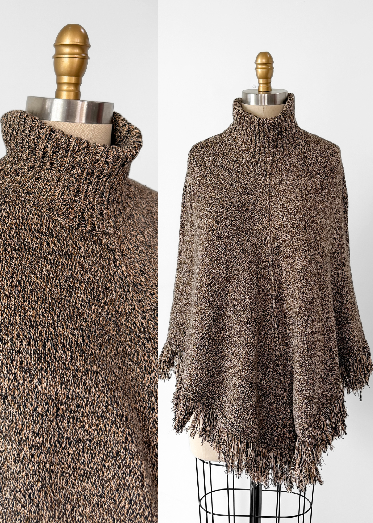 Pria Brown & Black Marled 100% Cotton Fringe Knit Poncho