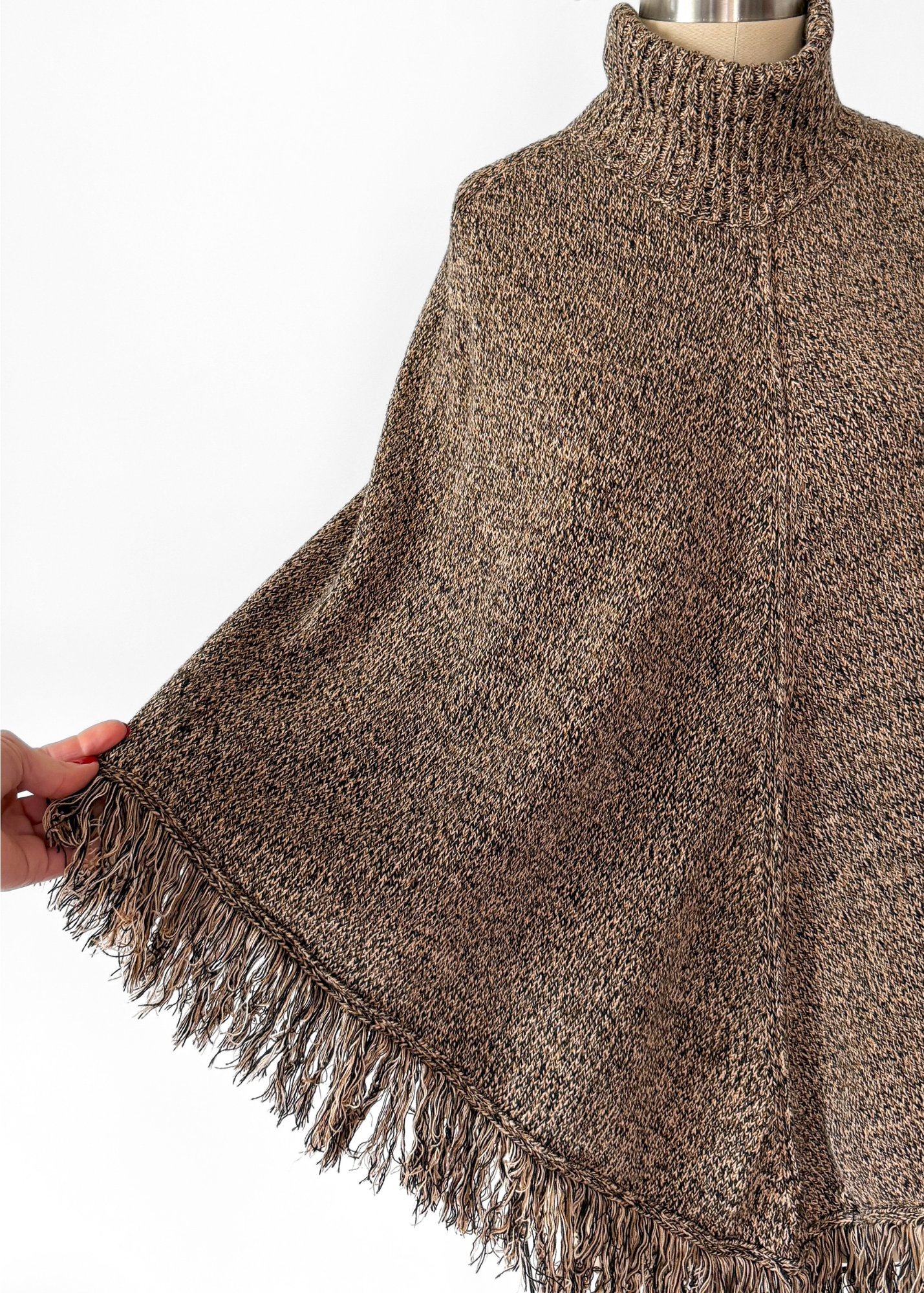 Pria Brown & Black Marled 100% Cotton Fringe Knit Poncho