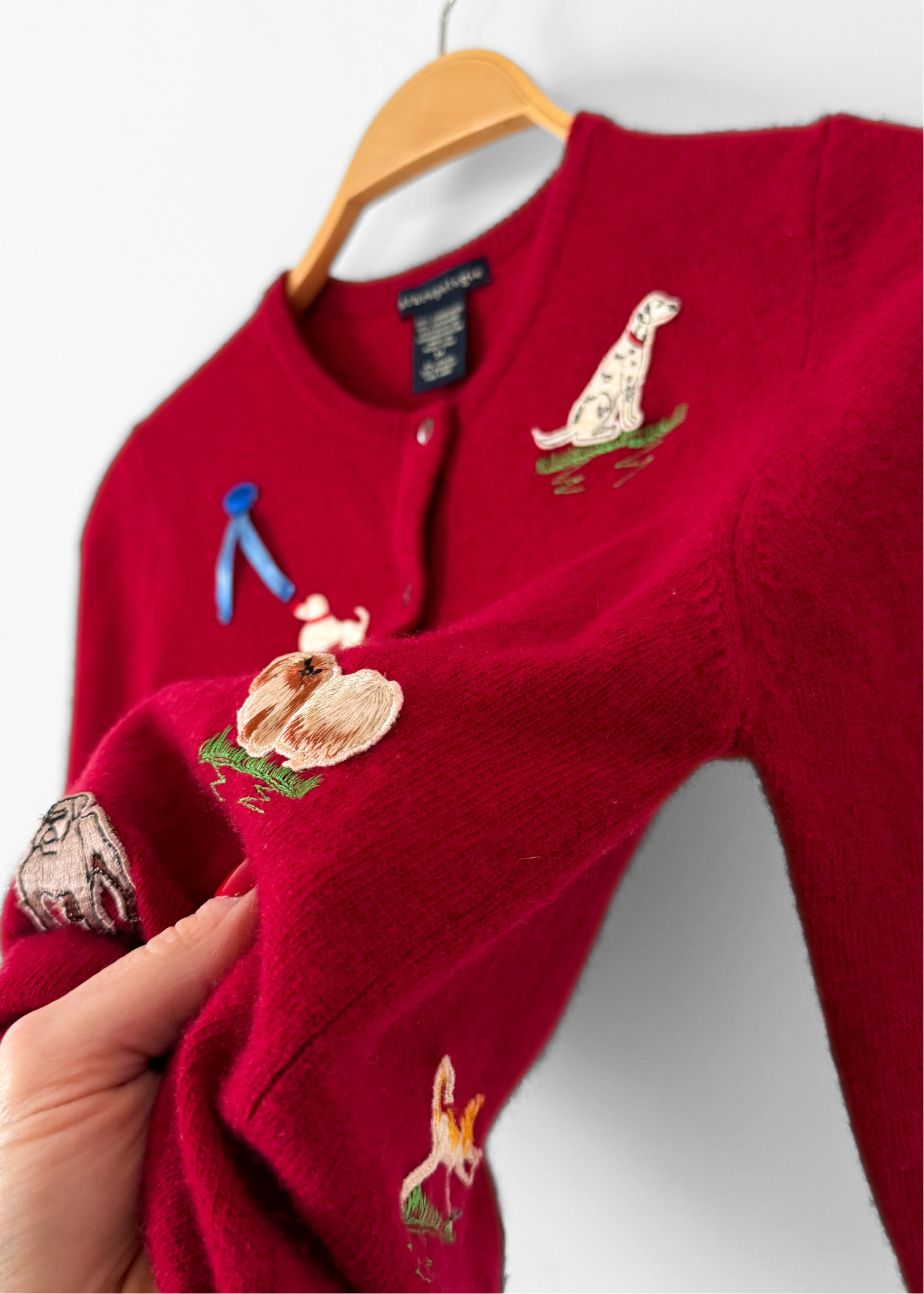 Rare Vintage 2000 Anthropologie Dark Red Lambswool Cashmere Dog Show Cardigan