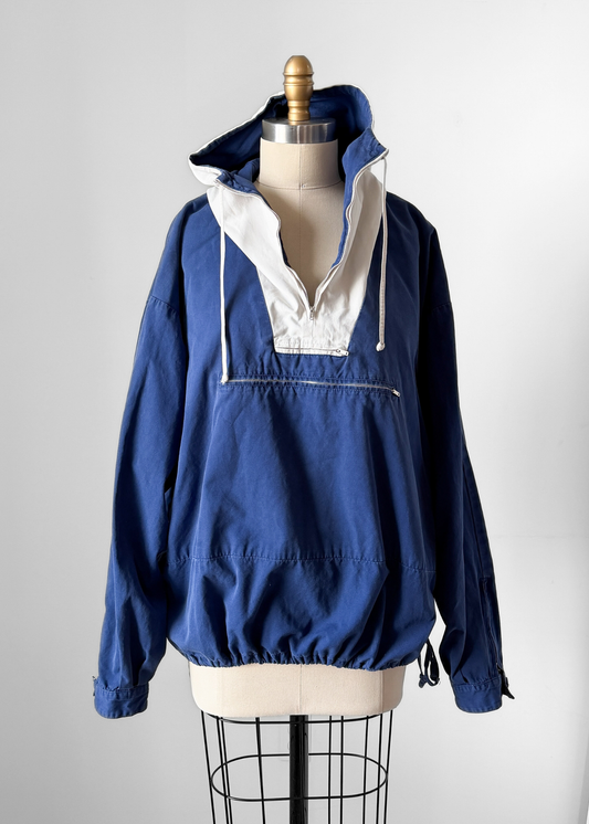 Vintage 90s J.Crew Navy White Two-Tone Anorak Windbreaker Prep Jacket (L)