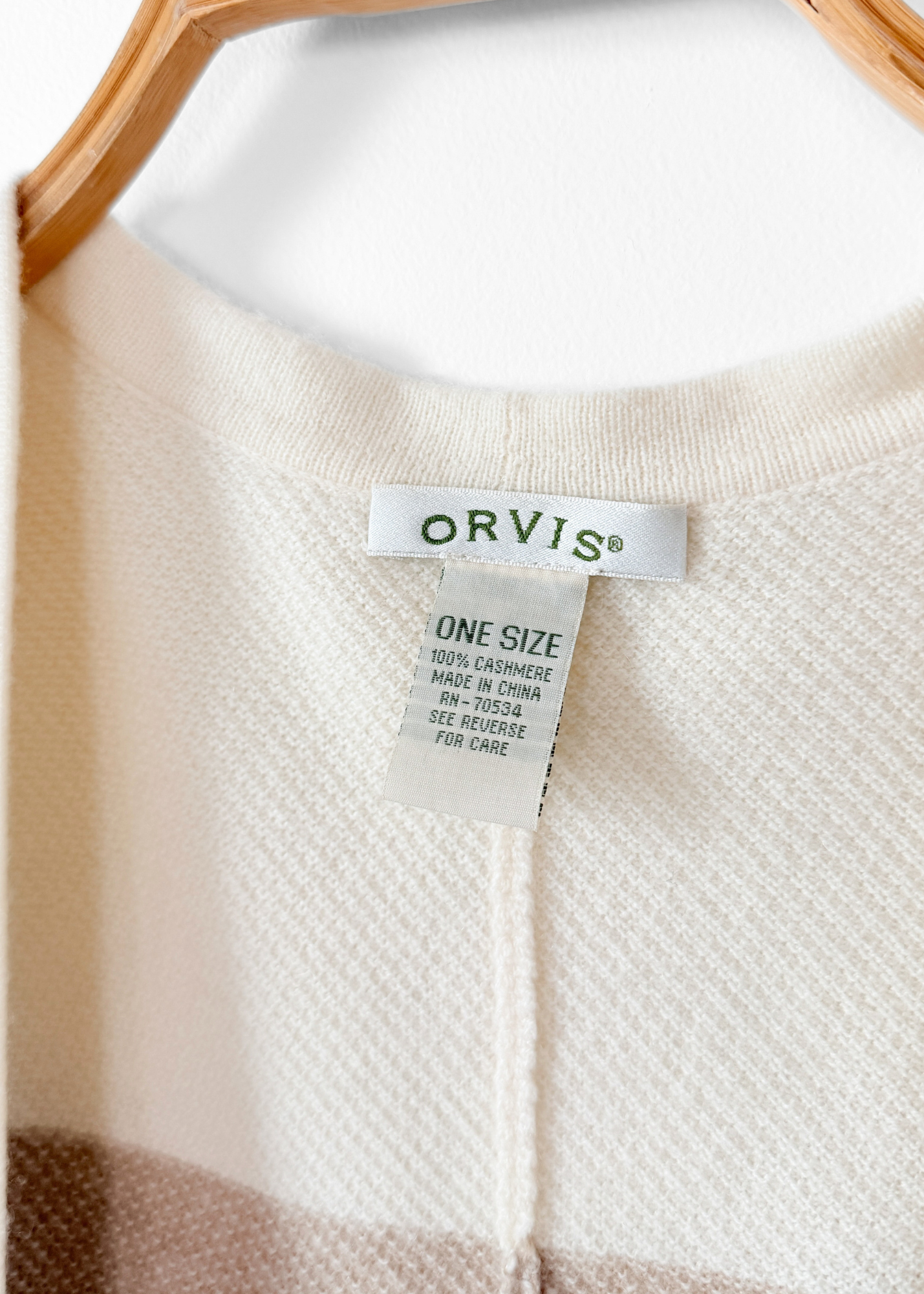 Orvis 100% Cashmere Cream Natural Stripe Knit Shawl