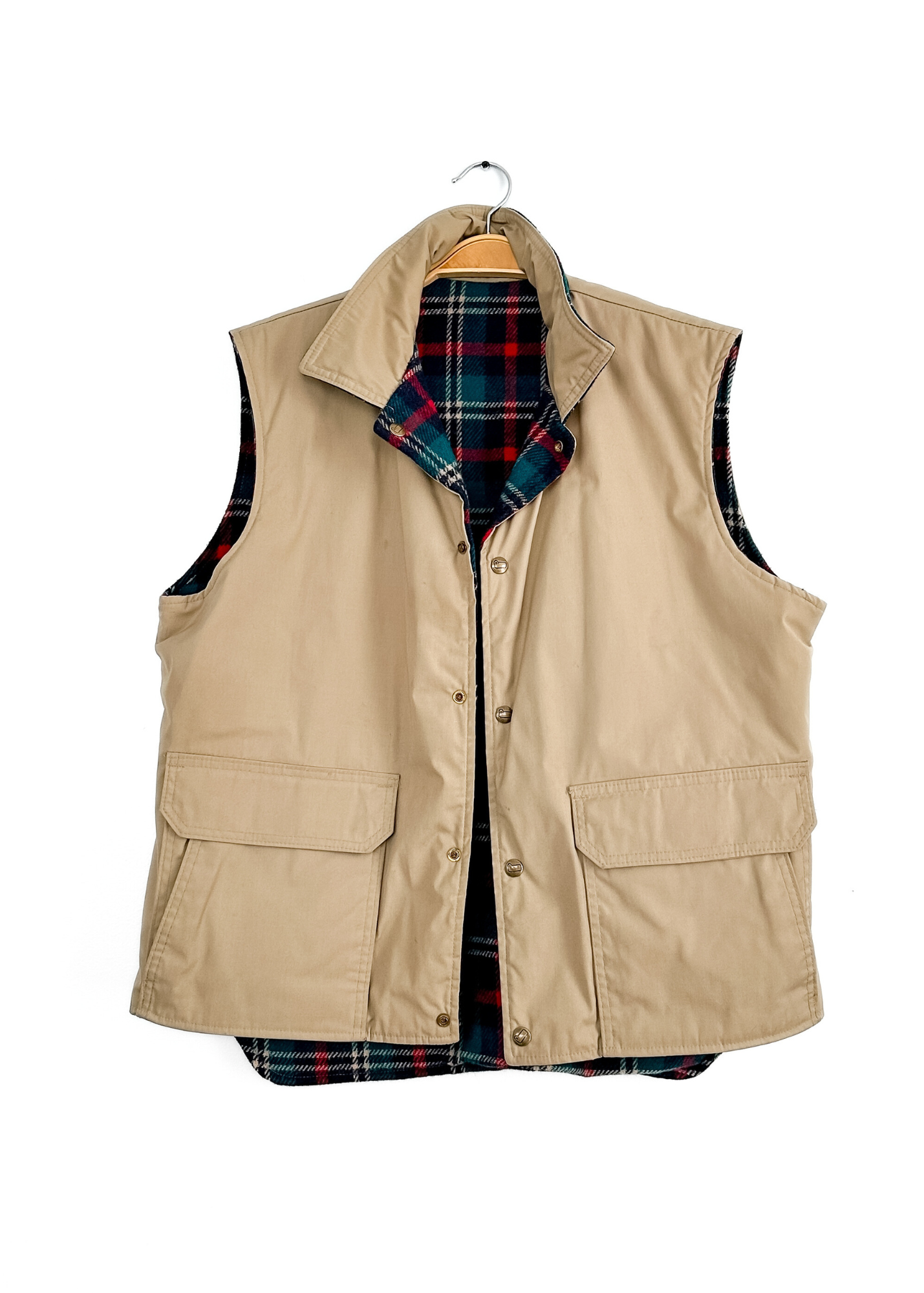 Vintage 80s Woolrich Fisherman Aesthetic Reversible Plaid Wool Canvas Utility Vest (mens L)