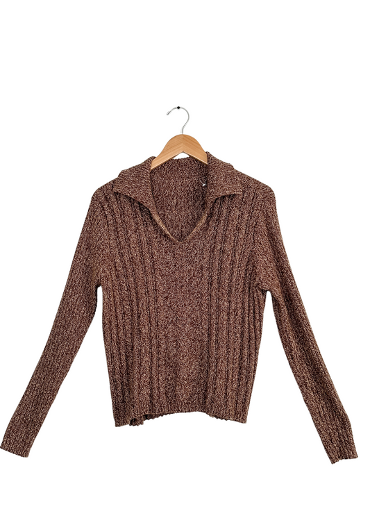 Brown & Tan Knit Collared Pullover Sweater (M)