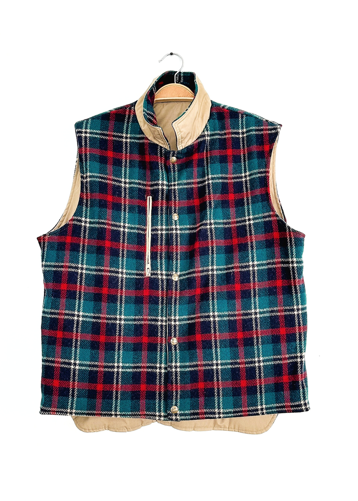 Vintage 80s Woolrich Fisherman Aesthetic Reversible Plaid Wool Canvas Utility Vest (mens L)