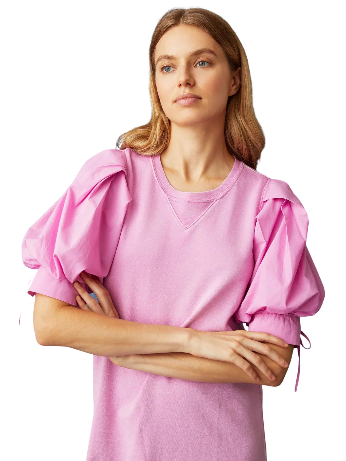 Marie Oliver Petal Pink Shane Dress French Terry Cotton Poplin Puff Sleeve (L)
