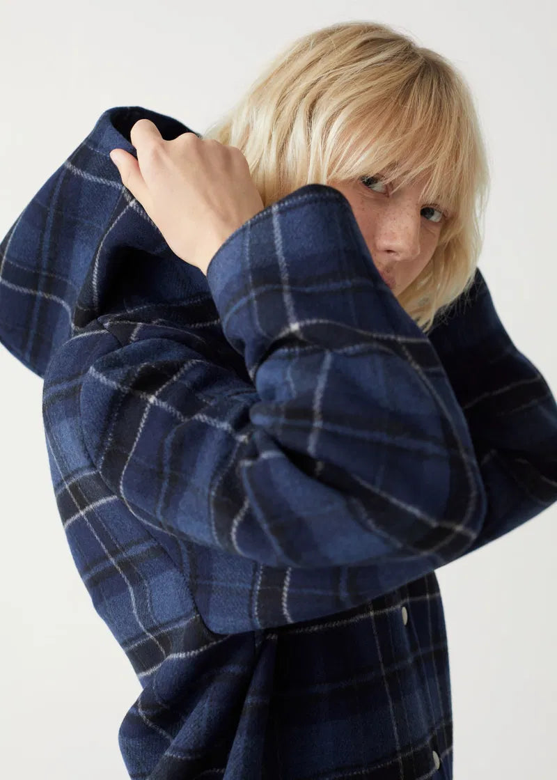 & other stories Wool Hooded Coat in Blue Check (S)