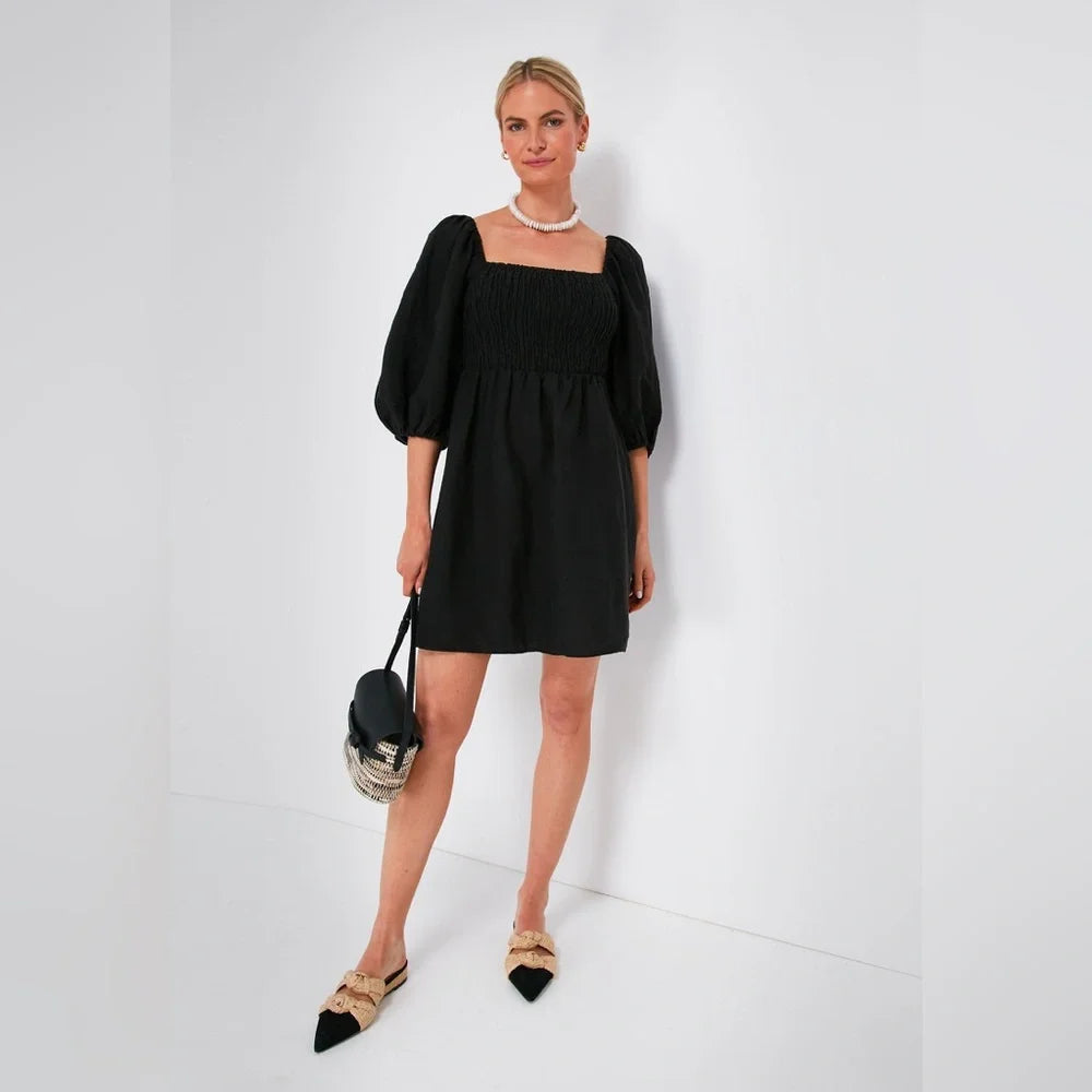 Tuckernuck Annie Linen Smocked Balloon Sleeve Black Dress (S)
