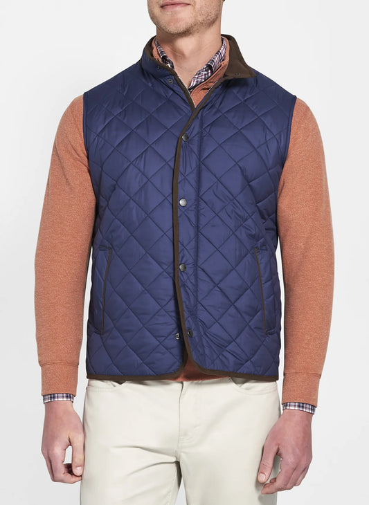 Peter Millar Essex Quilted Traveler Vest in Navy Blue and Brown (mens S)