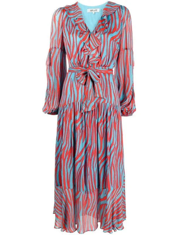NEW Diane von Furstenberg Jaxon Blue and Red Midi Dress (M)