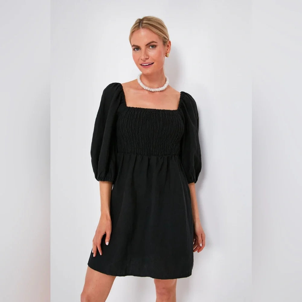 Tuckernuck Annie Linen Smocked Balloon Sleeve Black Dress (S)