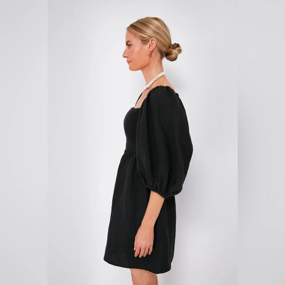 Tuckernuck Annie Linen Smocked Balloon Sleeve Black Dress (S)