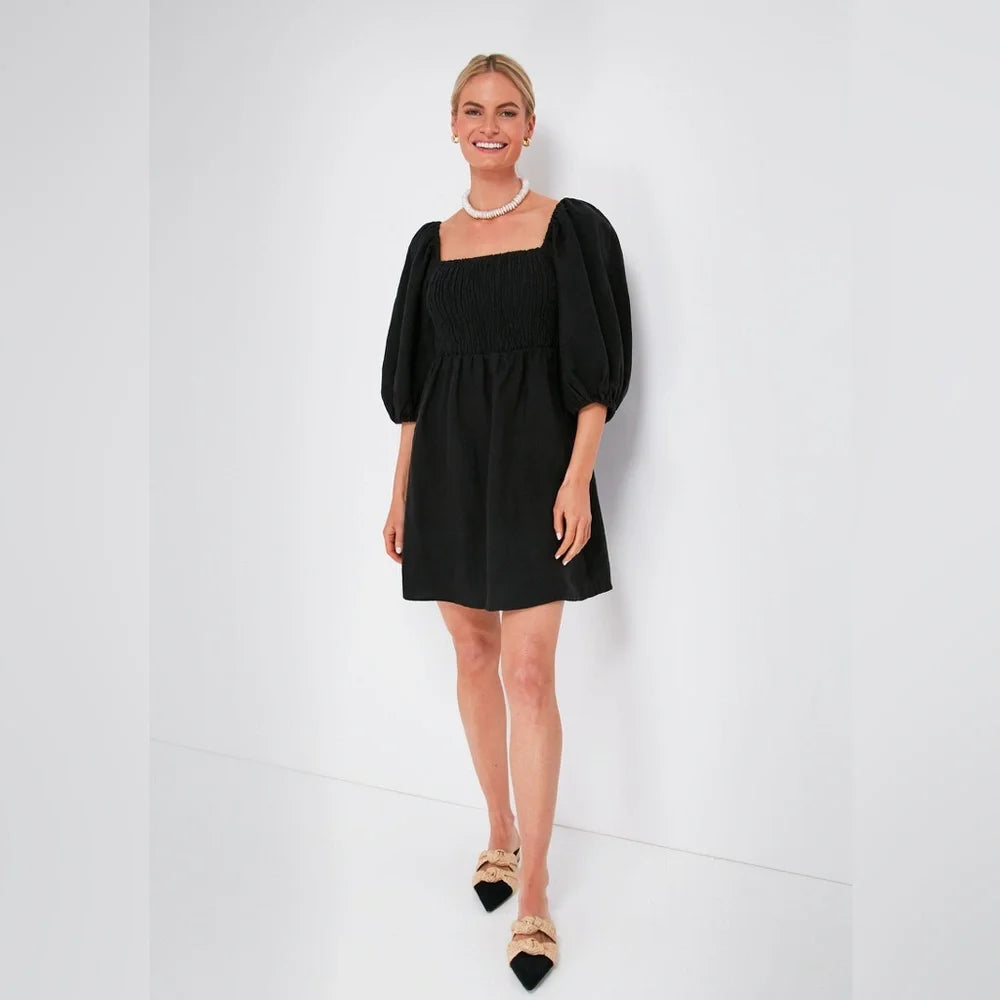 Tuckernuck Annie Linen Smocked Balloon Sleeve Black Dress (S)