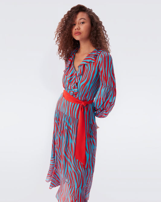 NEW Diane von Furstenberg Jaxon Blue and Red Midi Dress (M)