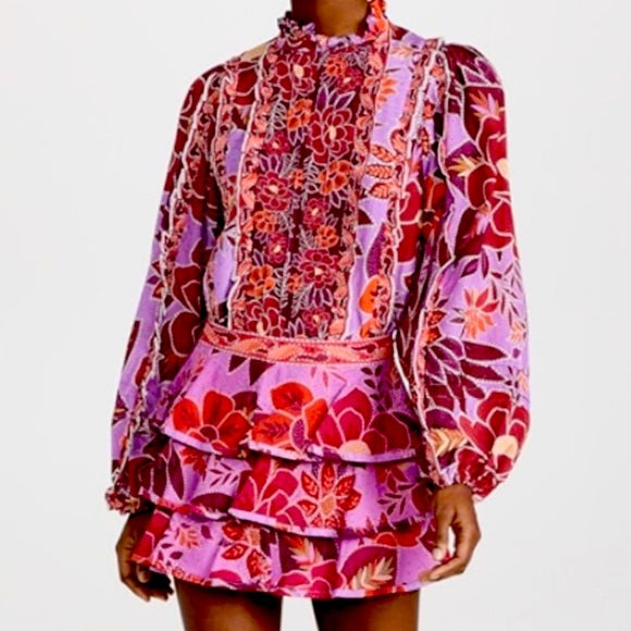 Farm Rio Light Purple Floral Ruffled Summer Mini Skirt (M)