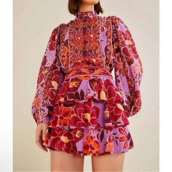 Farm Rio Light Purple Floral Ruffled Summer Mini Skirt (M)