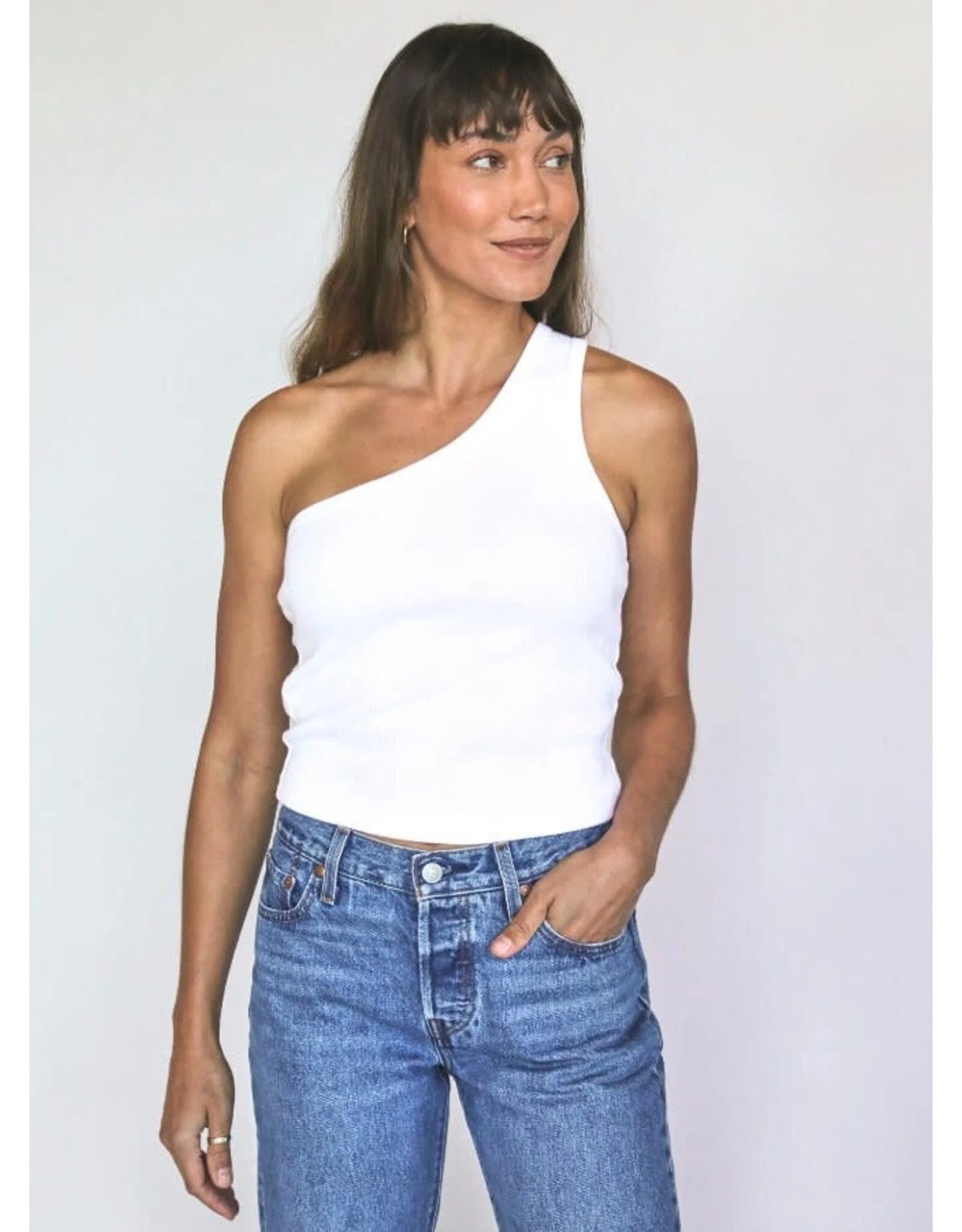 NEW Perfectwhitetee White Ribbed Blondie One Shoulder Tank Top (XS)