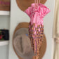 Vintage 20s-40s Pink Satin Beaded Drawstring Evening Bag Wood Bead Fringe Purse