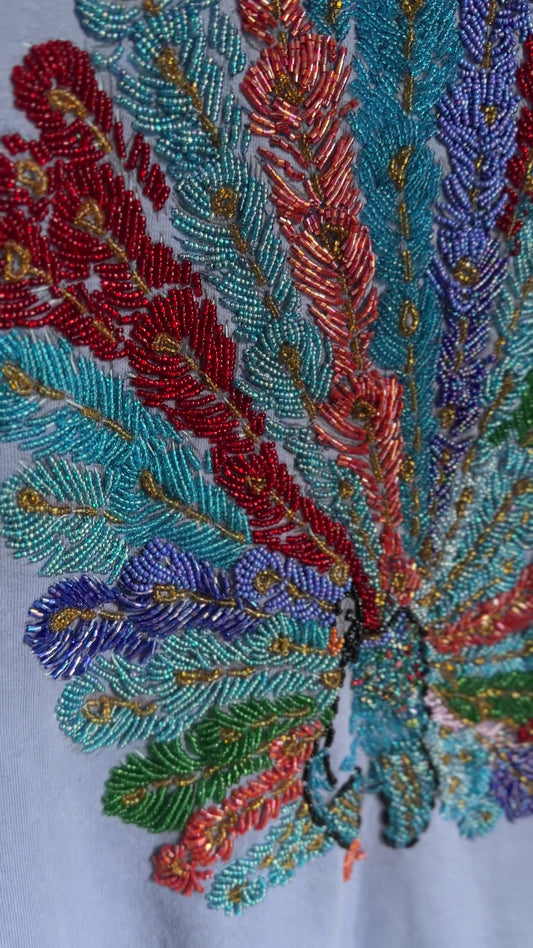 Vintage One-of-a-Kind Peacock Bead Embroidered Hanes Pullover Fleece Sweatshirt (L)