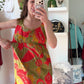 Vintage 60s 70s Malihini Designer Collection Hawaiian  Red Avocado Green Hostess Maxi Dress (M)