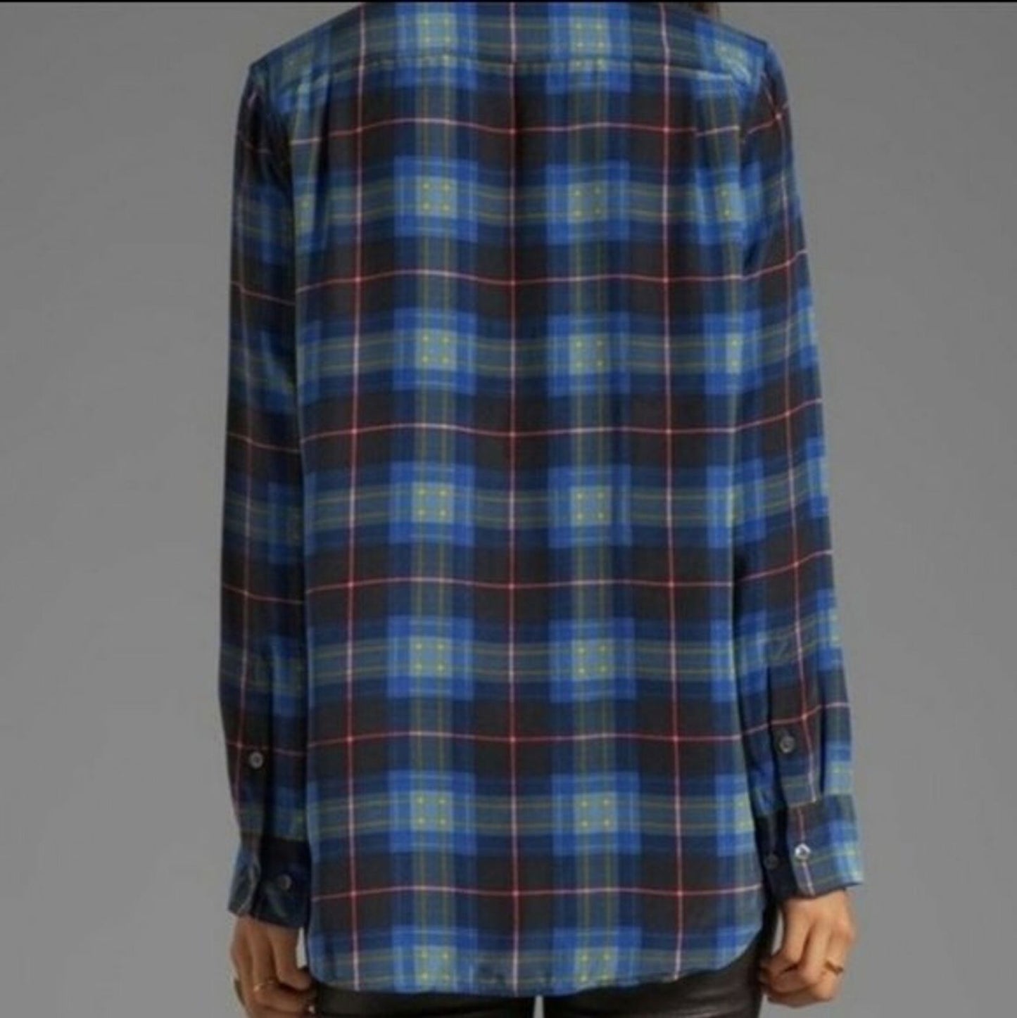 Equipment Standard Silk Blue Plaid Top (S)