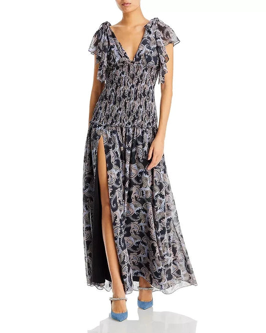 Cinq à Sept Kris Chiffon Dress in Raven Paisley Navy Blue Chiffon Smocked Maxi