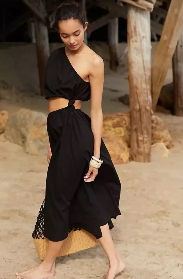 Stateside Poplin Black One-Shoulder Twist Maxi Dress (S)