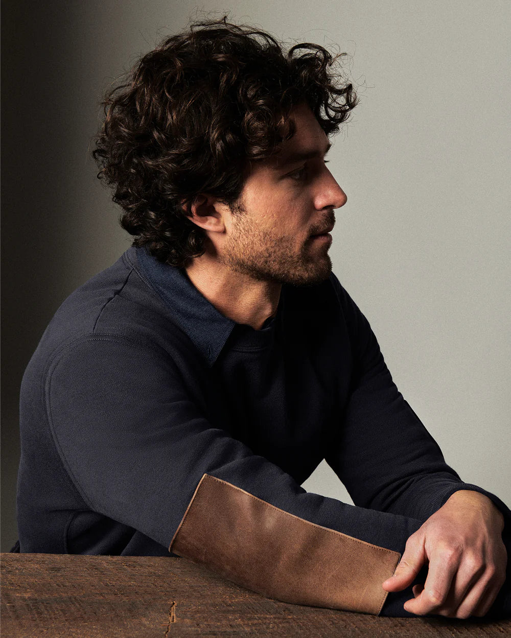 Billy Reid Dover Sweatshirt with Leather Elbow Patches in Dark Midnight (men's L)