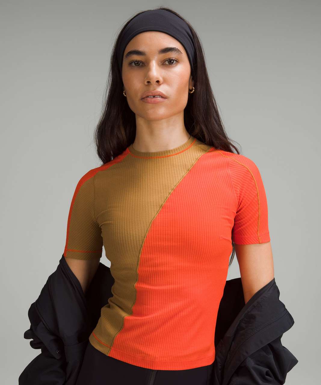 Lululemon Asymmetrical Ribbed Cotton T-Shirt in Solar Orange and Beige (XL)
