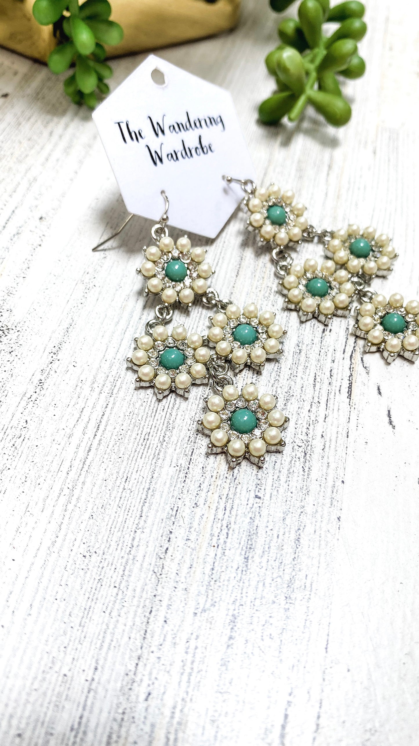 Green Stone & Faux Pearl Drop Earrings