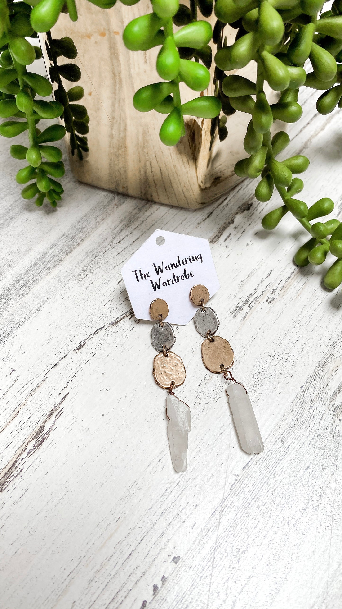 Handmade Gold & Silver Raw Crystal Drop Earrings