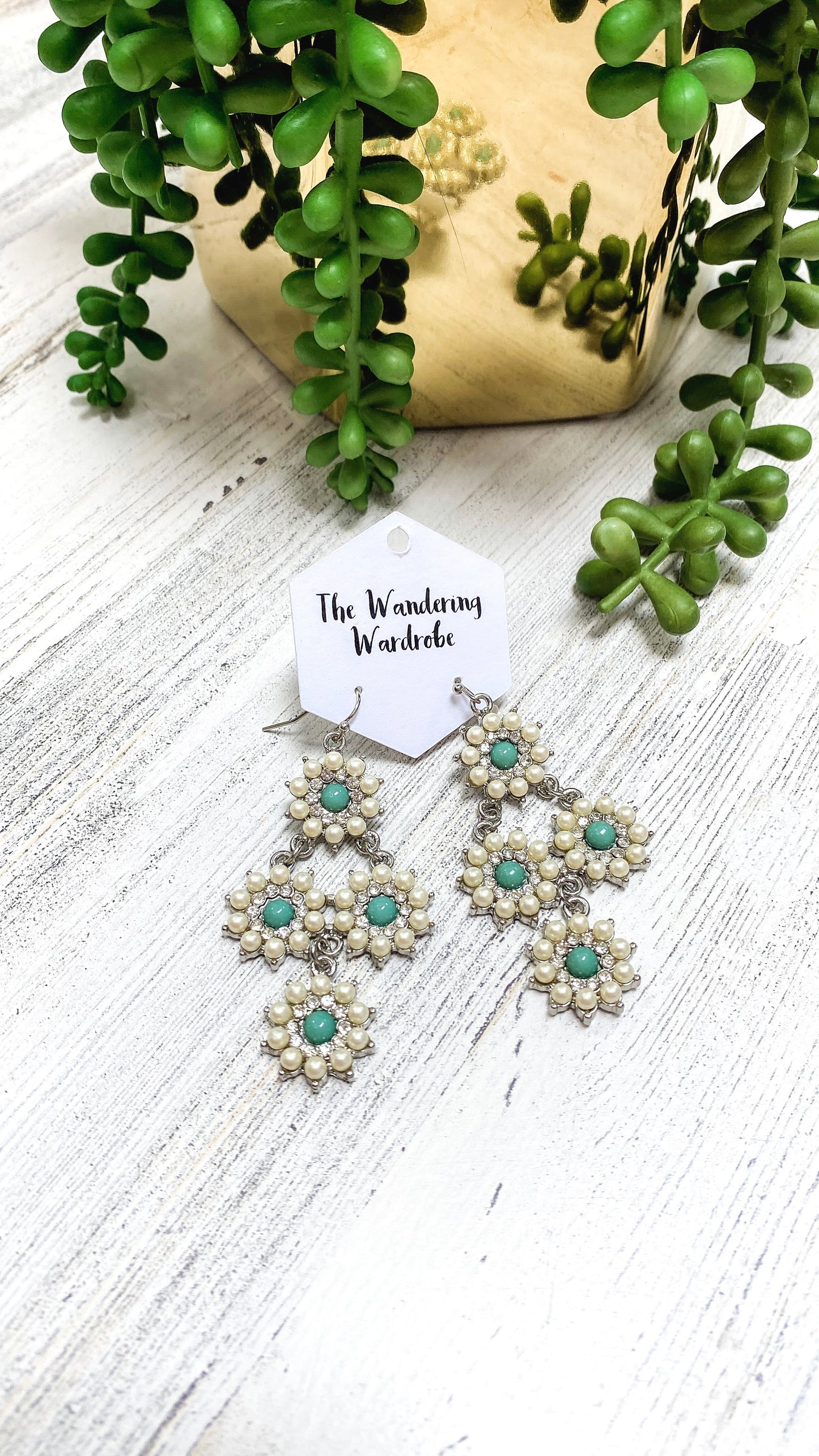 Green Stone & Faux Pearl Drop Earrings