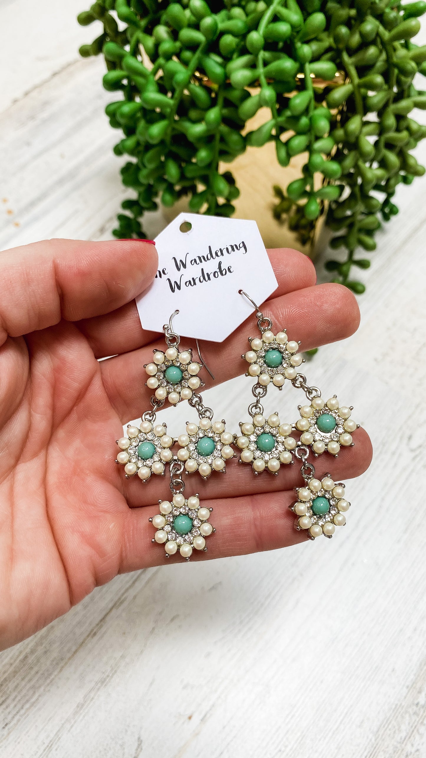 Green Stone & Faux Pearl Drop Earrings