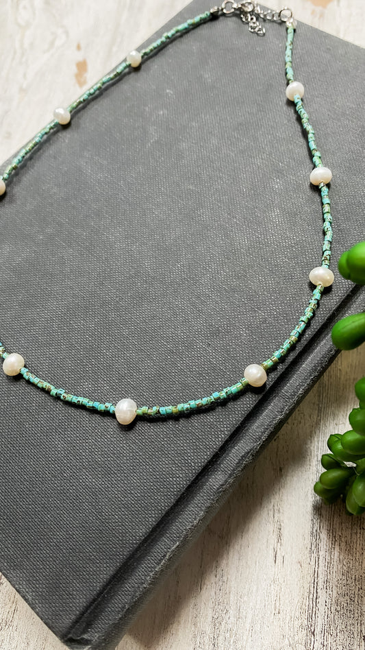 Turquoise Beads & Freshwater Pearl Choker Handmade Necklace