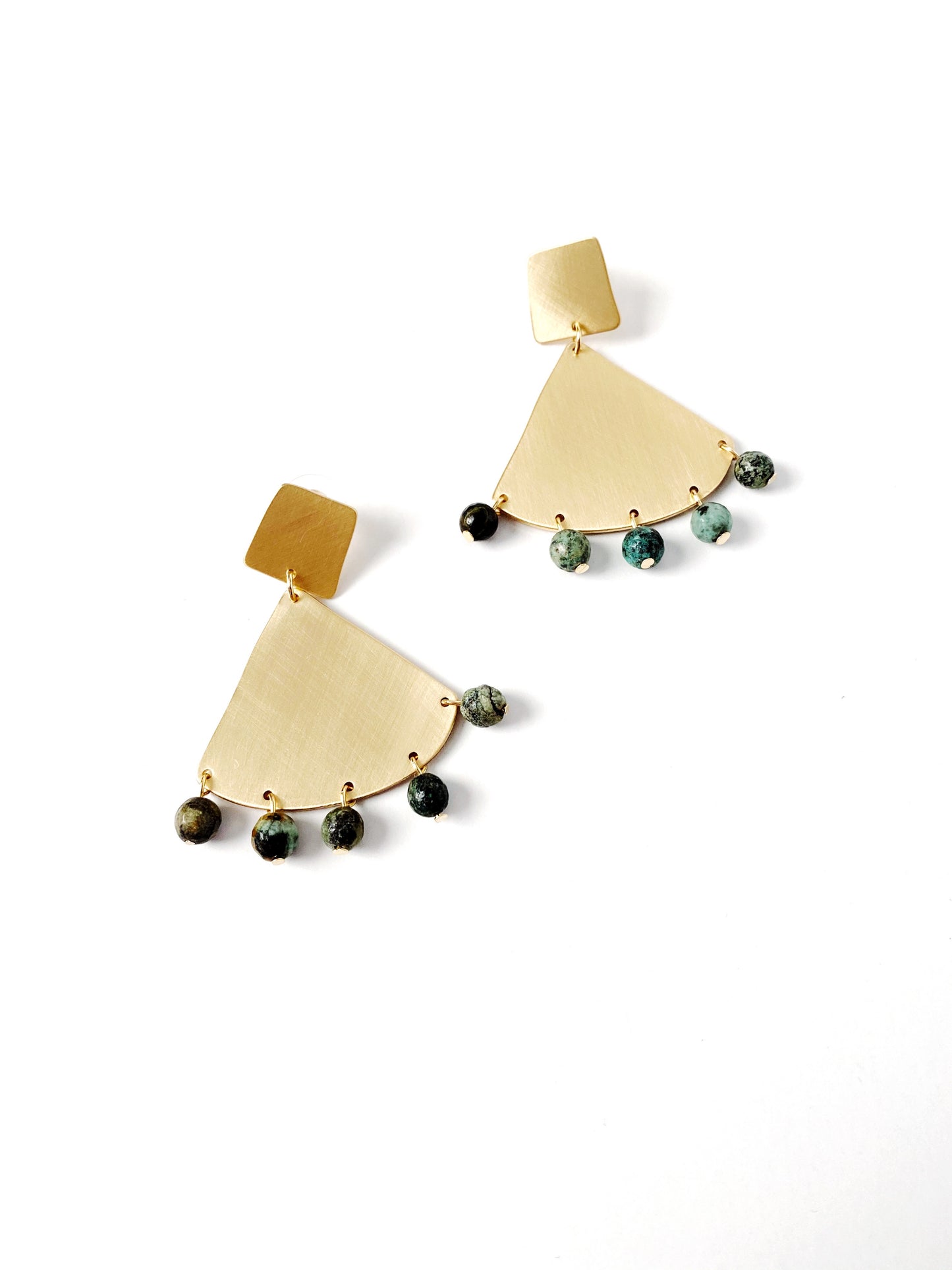 Gold Fan + Green Stone Earrings